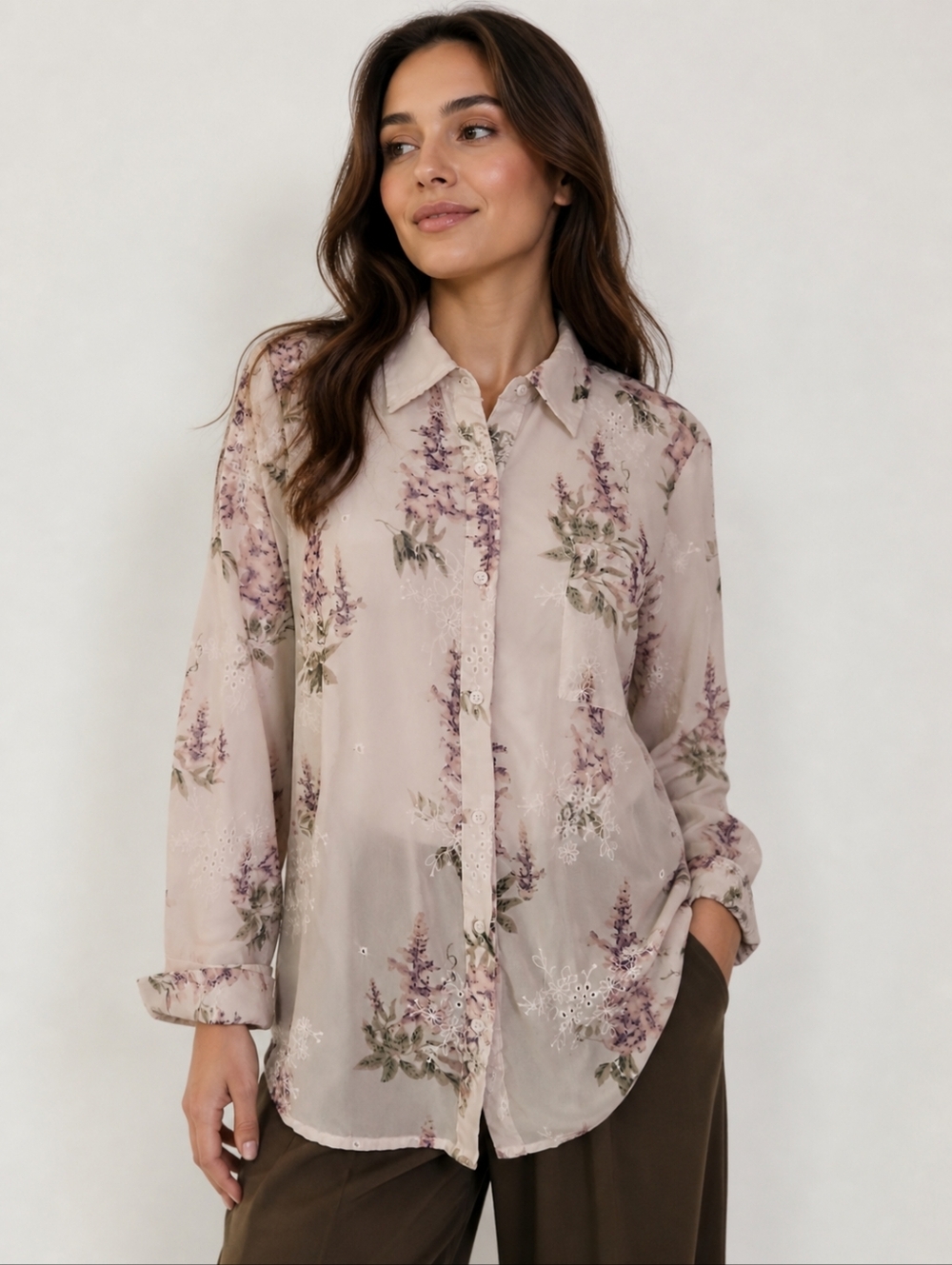 Vtg STARDOM White & Purple Floral Eyelet Sheer Chiffon Cottage Button Down Shirt